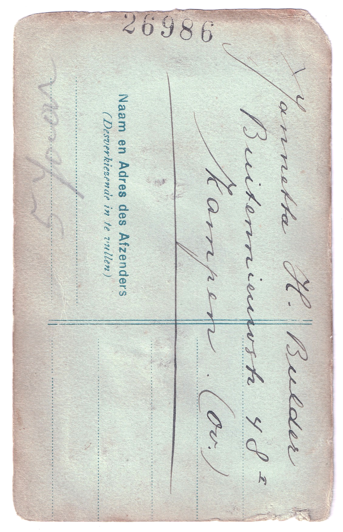 Foto. Jannetta Hendrika Bulder, ca. 1916, achterzijde met handschrift.
