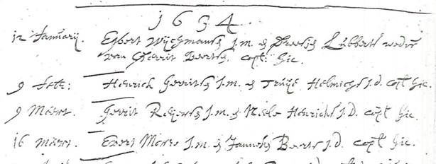 Inschrijving van het huwelijk van Evert Morren en Janne Beerts in het trouwboek van de Gereformeerde Kerk van Oldebroek, 16 maart 1634.