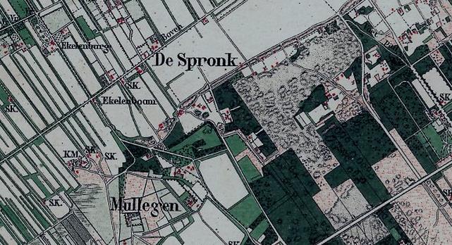 een deel van de topografische militaire kaart uit 1872 waarop is afgebeeld de spronk bij mulligen in oldebroek waar
boerderij de heetkamp stond waar evert morren alias evert keuyt, vader van hendrik evertsen prins, in de zeventiende eeuw woonde