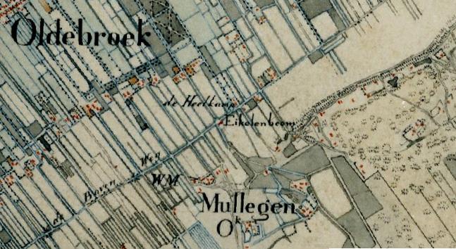 een deel van de topografische militaire kaart uit de jaren 1830 tot 1850 waarop is afgebeeld mulligen en boerderij de heetkamp in oldebroek
waar evert morren alias evert keuyt, vader van hendrik evertsen prins, in de zeventiende eeuw woonde
