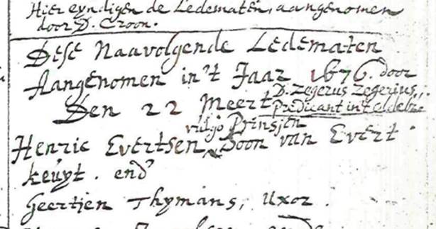 Inschrijving van Hendrik Evertsen Prins en Geertje Tijmens als leden van de Gereformeerde Kerk van Oldebroek, 22 maart 1676.