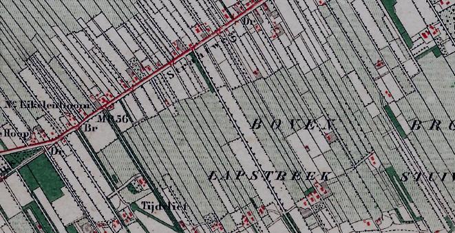 een deel van de topografische militaire kaart uit de jaren 1830 tot 1850 waarop is afgebeeld de lapstreek in het bovenbroek bij oldebroek
waar evert hendriks prins, een zoon van hendrik evertsen prins in 1742 zaailand pachtte